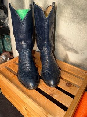 Vntg M.L. Leddy Men’s Custom Made Full Quill Ostrich Cowboy Boots Blue Size 8D